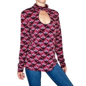 Bisou Bisou Retro 70’s Pink & Black Geometric Printed Key Hole Blouse
